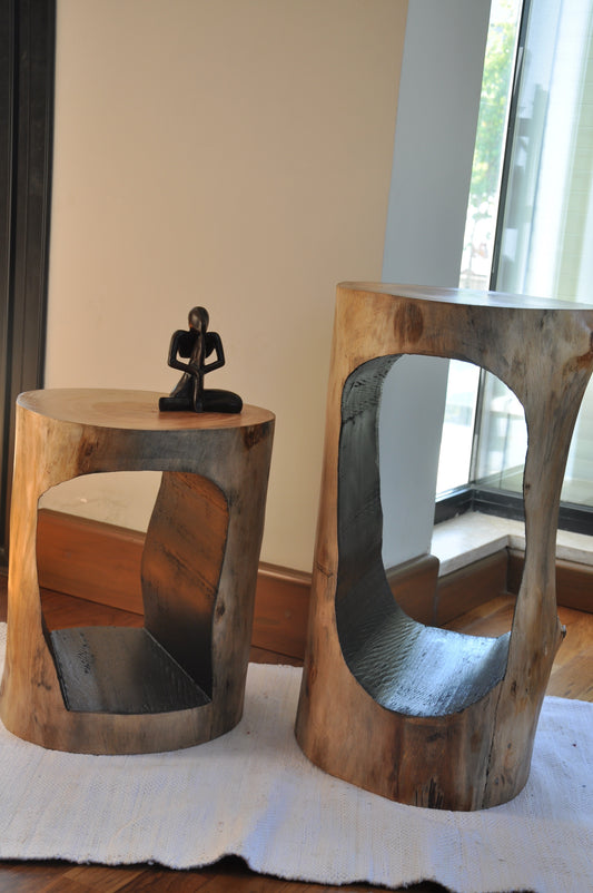 Hollow Set - rustic hollow tree-stump side table, handmade khaya wood, Handpick Egypt